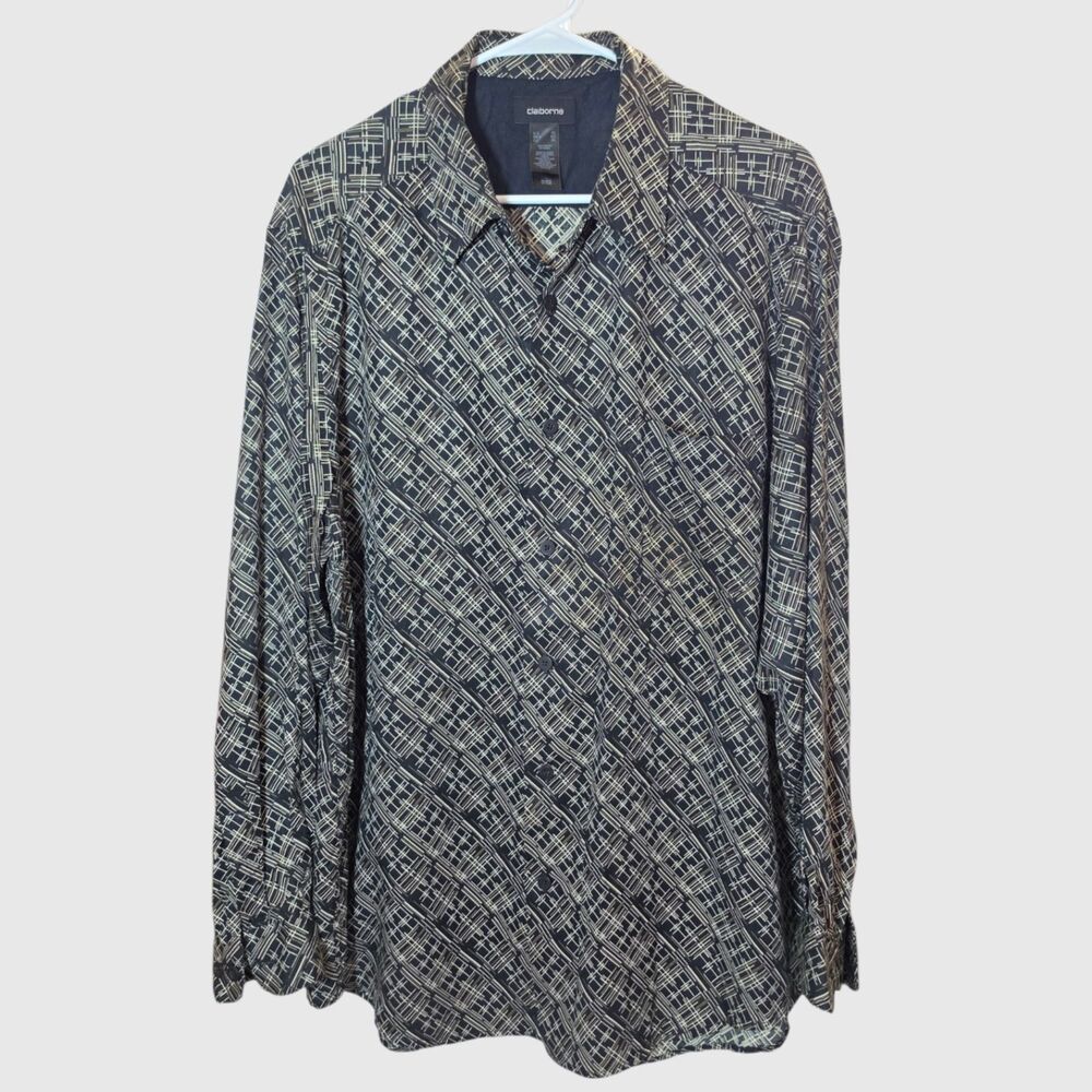 Claiborne Men's Long Sleeve Button Up Shirt Geometric Grid Pattern Black XL